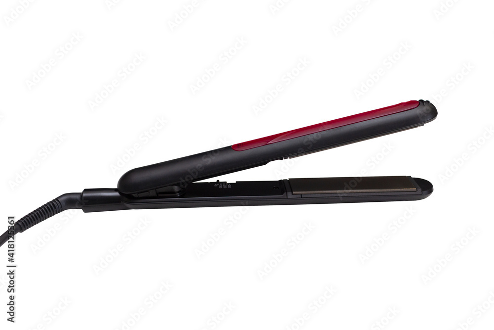 Hair straightener with a red insert, isolated on a white background. Ceramic coating. Hair straightener with a red insert, isolated on a white background. Ceramic coating.