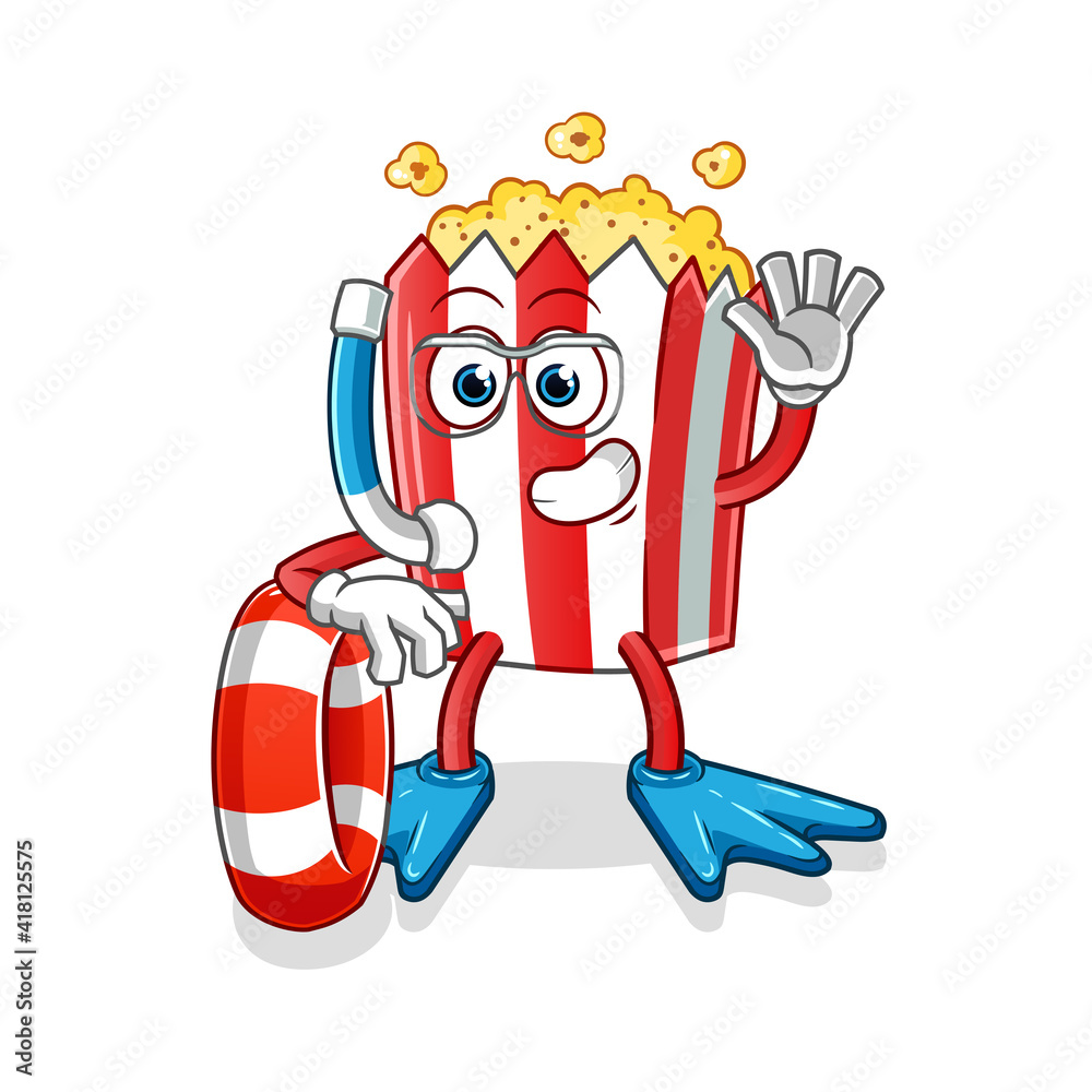 pop corn swimmer with buoy mascot. cartoon vector pop corn swimmer with buoy mascot. cartoon vector