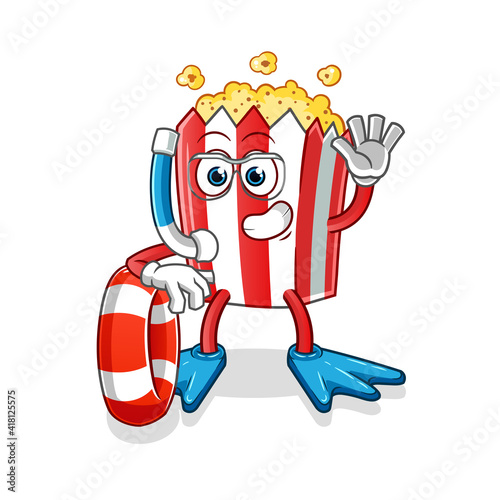pop corn swimmer with buoy mascot. cartoon vector