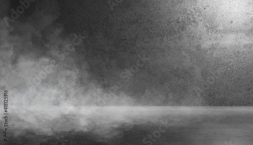 Texture dark concrete wall and floor with smoke or fog mist