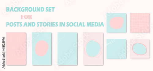 Set abstract backgrounds in trendy minimal style. Girly backdrops for social media posting with place for text. Spots and lines in light blue-pink palette