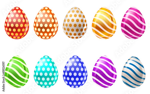 Set of realistic colorful easter eggs with pattern, collection. Vector illustration isolated on white background