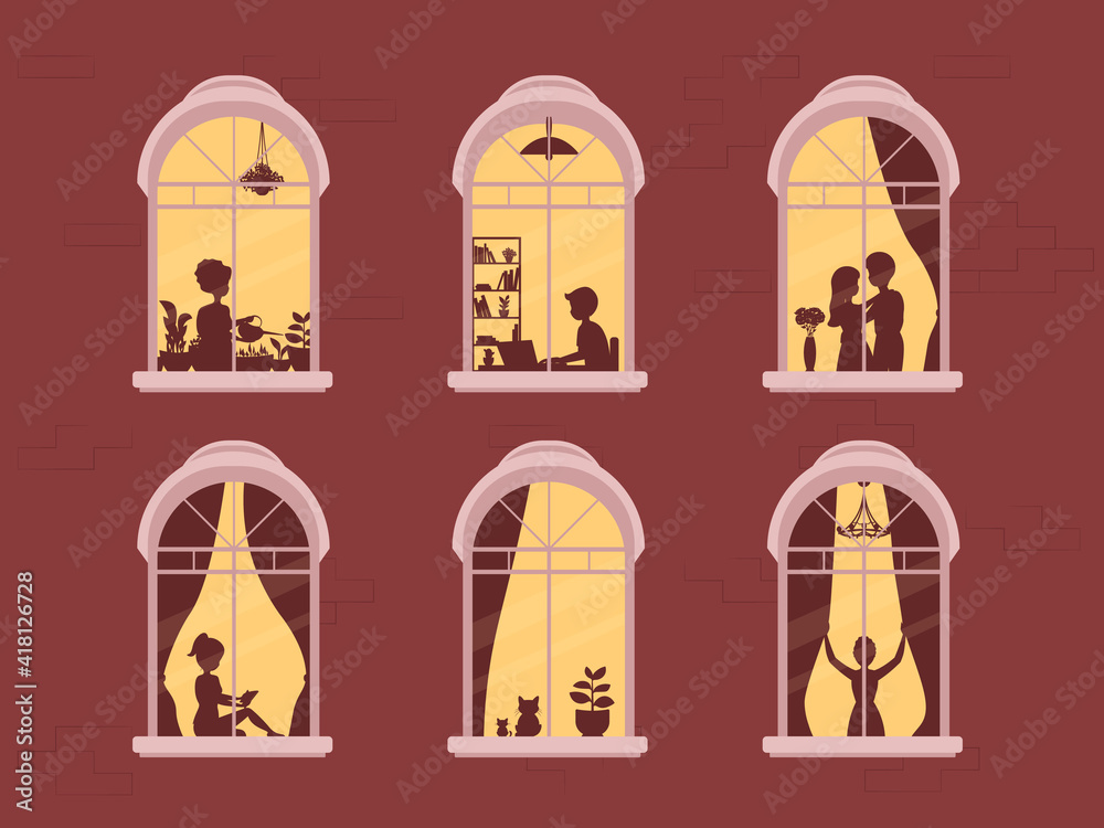 Neighbors in windows. People in window frames . Neighbors that live in apartments. The facade of the house. Neighbors in windows. People in window frames . Neighbors that live in apartments. The facade of the house.