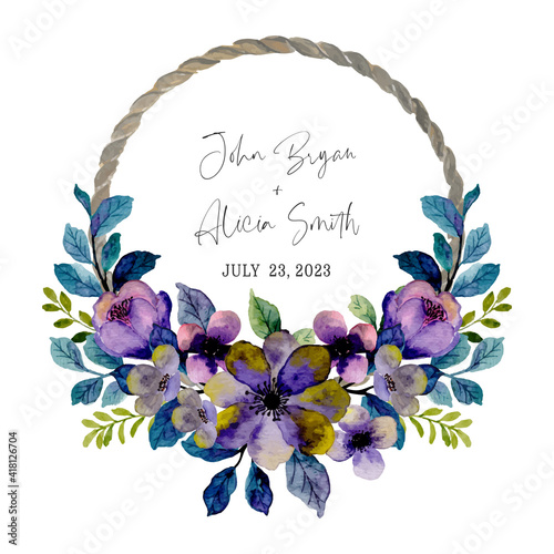 Purple violet floral wreath with watercolor