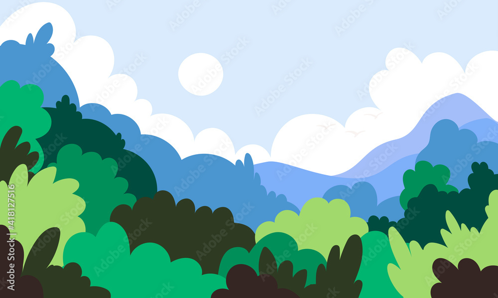 Obraz premium Beautiful Japan landscape flat cartoon illustration. Asian nature, sunshine, summer scene banner design. Forest and mountains abstract printing card.