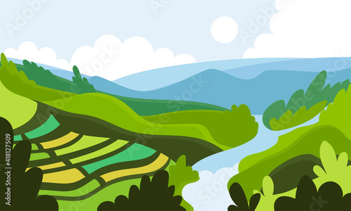 Beautiful Japan landscape flat cartoon illustration. Asian nature  sunshine  summer scene banner design. Forest and mountains abstract printing card.