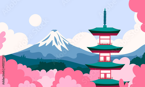 Japan landscape flat cartoon illustration. Beautiful mountain, forest, ancient building  banner design. Asian nature, touristic printing card