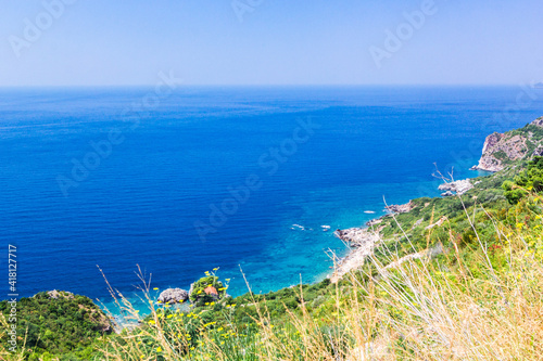 Panoramic view of beautiful landscape mountains and coastline azure sea. Aerial skyline of beaches and Adriatic coast, Montenegro.