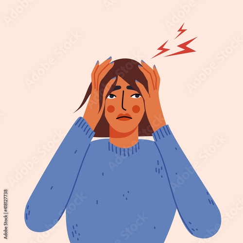 Stressed woman flat cartoon illustration. Female character experiencing headache banner design. Frustrated, tired adult background