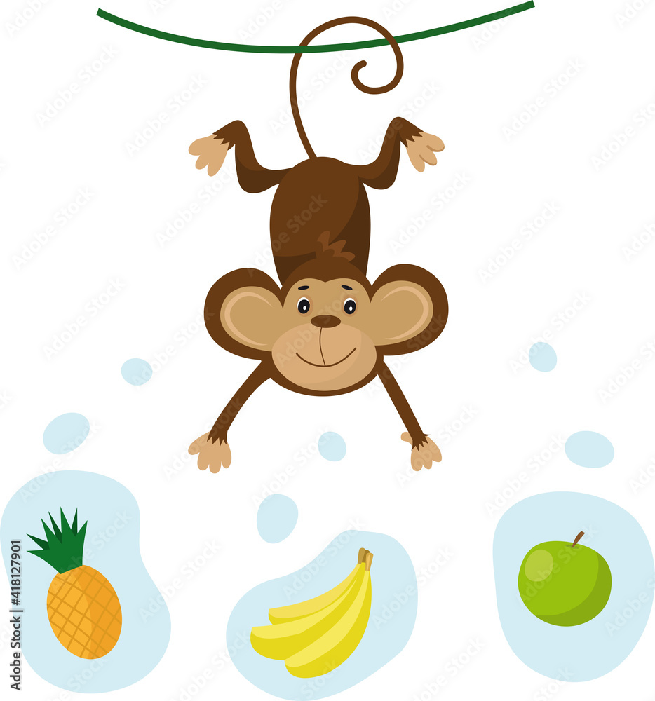 Fototapeta premium Vector illustration of a cute cartoon monkey with banana, apple and pineapple