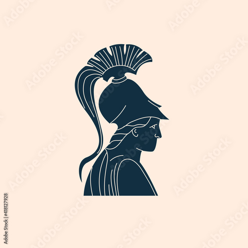 Ancient greek statue flat cartoon illustration. Man in helmet, Greece warrior banner design. Historical  background