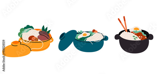 Donabe hot pot isolated set vector illustration. Asian food. Japanese traditional noodle soup collection. Tasty bowl full of vegetables, meet, eggs and mushrooms in cartoon style.