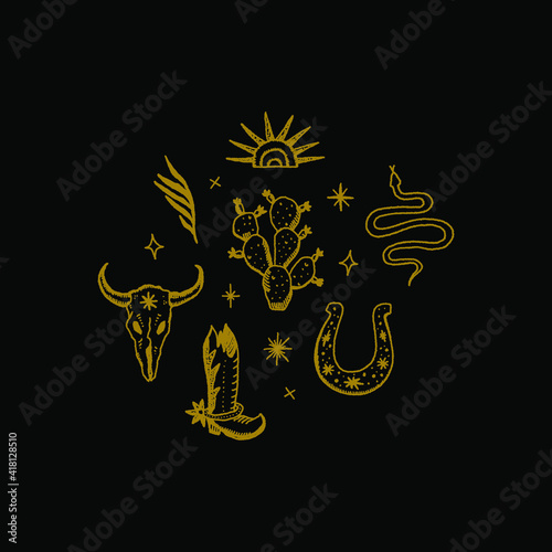 Vintage Style Wild West Clipart Set Logo or Labels Magic Art Symbols. Vector illustration