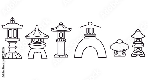 Japanese street lamp outline collection . Set of various contour traditional Asian lanterns.  Garden Stone statue cartoon clipart.