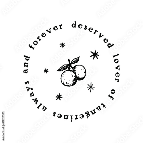 Text tangerines boho vintage text fruit organic logo or label. Vector illustration