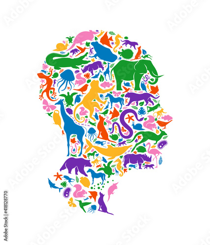 Colorful wild animal icon head shape isolated