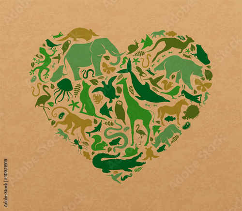 Green wild animal love recycled paper heart shape