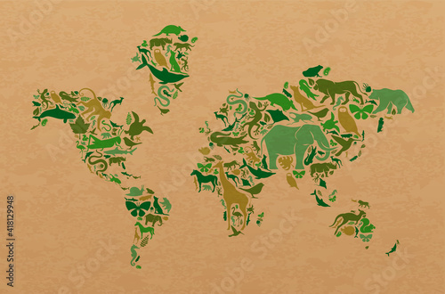 Green wild animal recycled paper world map shape