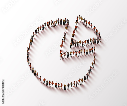 People crowd in form of pie chart composed of people. Statistic concept.