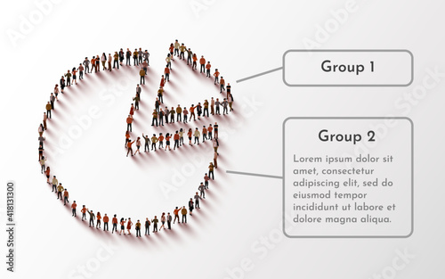 People crowd in form of pie chart composed of people. Statistic concept.