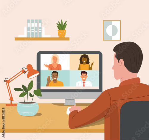 Young man is talking to his friends  through video chat. Back view. Vector flat style cartoon illustration.