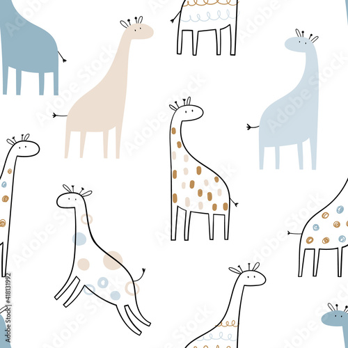Canvas Print Vector hand-drawn colored childish seamless repeating simple pattern with cute giraffes in scandinavian style on a white background