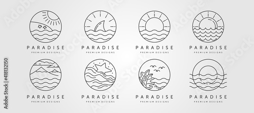 Photographie set of ocean line art logo vector minimalist design, ocean landscape icon symbol