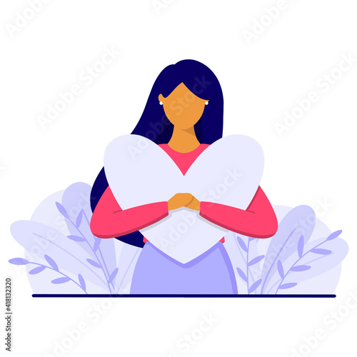 Woman hugs a big heart. Mental health and care, charity, self love, self acceptance concept. Flat style vector illustration.