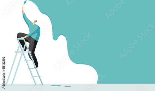 Uomo sulla scala che pittura la parete 