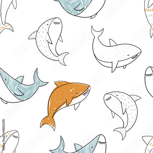 Vector hand-drawn colored childish seamless repeating simple doodle pattern with sharks in scandinavian style on a white background. Cute baby animals. Pattern for kids with sharks. Sea. Underwater.