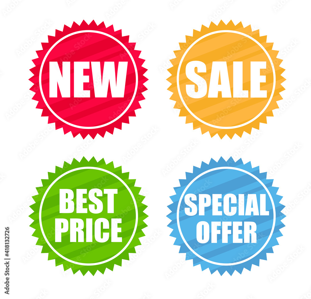 New discount stickers. New, sale, best price, special offer. Isolated multicolored stamps for product promotion. Concept of discounts and price offers New discount stickers. New, sale, best price, special offer. Isolated multicolored stamps for product promotion. Concept of discounts and price offers