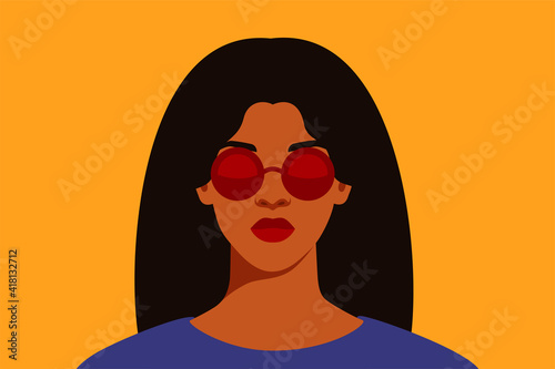 Portrait of African American woman with black hair in red sunglasses with reflection. Black strong girl on a yellow background, front view. Vector illustration
