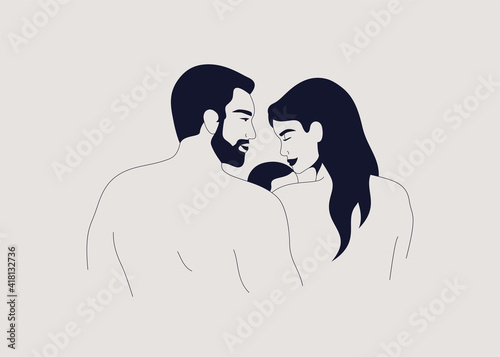 Muscular strong man hugs his woman which holds her baby son or daughter in her arms. Young family caddies their child and snuggles him. Couple in love with a newborn. Vector illustration