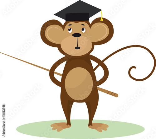 Vector illustration of a cute cartoon monkey with bachelor cap and pointer