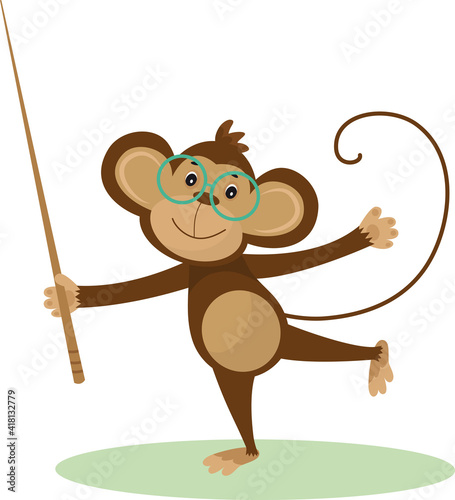 Vector illustration of a cute cartoon monkey with glasses and pointer