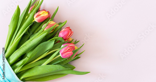 Spring flowers. Banner-a bouquet of pink and yelloy tulips in the mask on a pink background. Congratulations on International Women's Day, March 8, birthday, mother's Day. Copy space. Mock up. photo