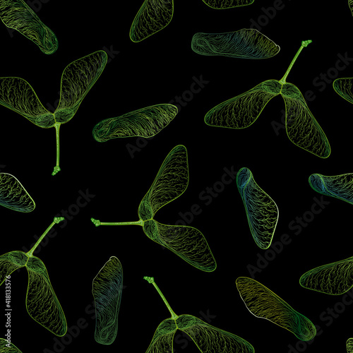 Green maple seeds. Vector seamless pattern on black background.
