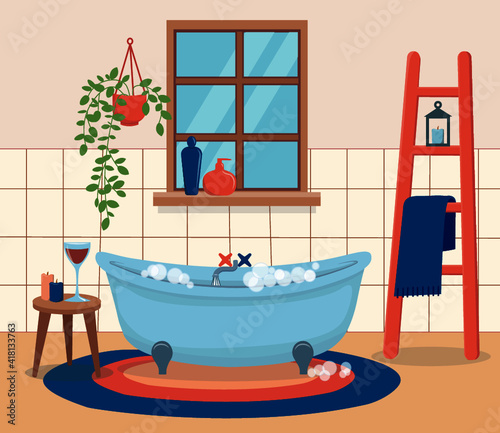 Bathroom interior with furniture, houseplant and home decorations. Flat cartoon vector illustration.