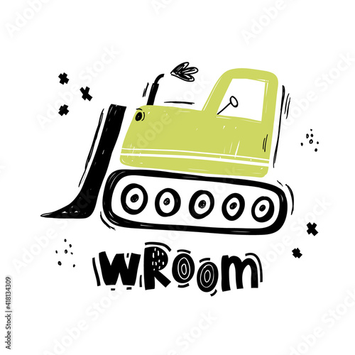 Vector hand-drawn color children's illustration, poster, print with a cute truck and lettering wroom in Scandinavian style on a white background. Building equipment. Funny construction transport. photo