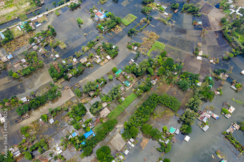 Aerial view of a residential district in Keraniganj flooded by monsoon rains in Dhaka province, Bangladesh.