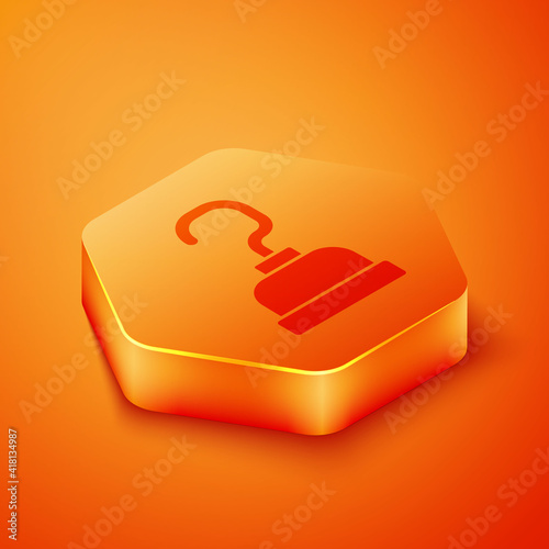 Isometric Pirate hook icon isolated on orange background. Happy Halloween party. Orange hexagon button. Vector.