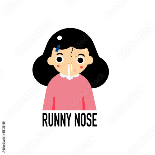 Cartoon of a woman have a runny nose.