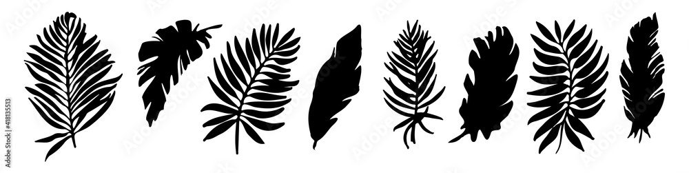Vector set of black silhouettes of tropical leaves. Collection of exotic leaves of monstera, palm, banana isolated on a white background. Large vector collection of plant silhouettes  elements.