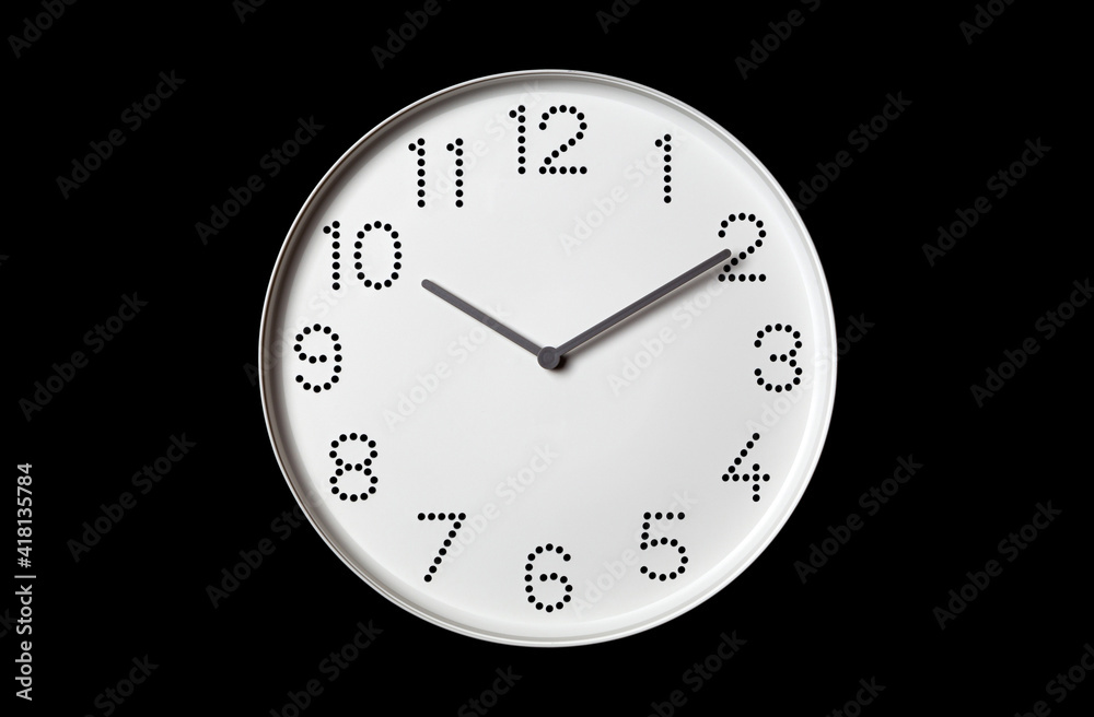 minimalist white wall clock with hour and minute hands on black background Stock Photo Adobe Stock