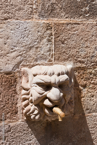 Gothic stone head of Fontain of the Church in Solsona, Lleida,Catalonia, Spain.