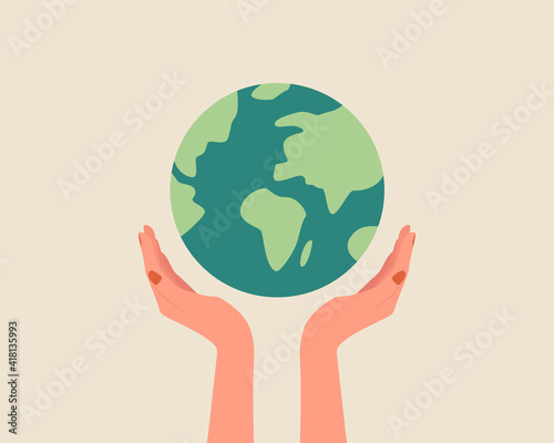 Hands holding globe, earth. Earth day concept. Earth day vector illustration for poster, banner,print,web. Saving the planet,environment.Modern cartoon flat style illustration