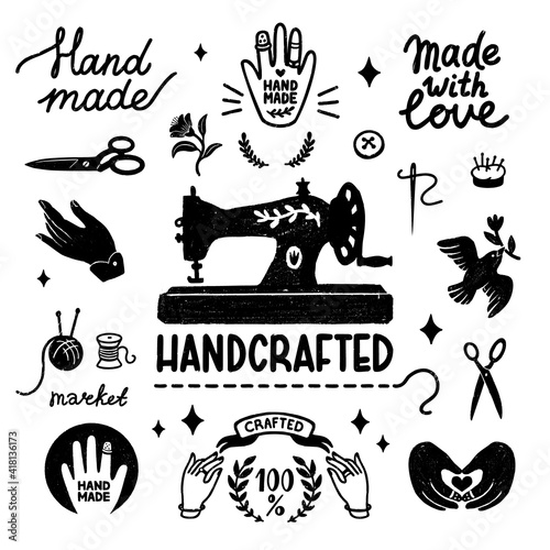 Handmade and handcrafted vector icons set - vintage elements in stamp style, sewing machine and hand made letterings. Vintage vector illustration for banner and label design.
