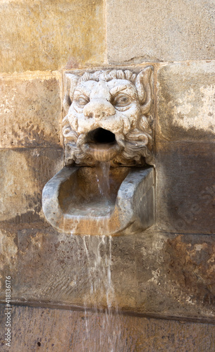 Gothic stone head of Fontain of the Church in Solsona, Lleida,Catalonia, Spain.