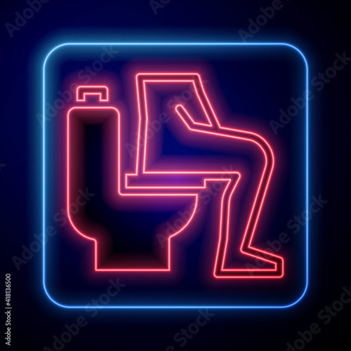 Glowing neon Men sitting on the toilet and Constipation are experiencing severe abdominal pain icon isolated on blue background. Vector.