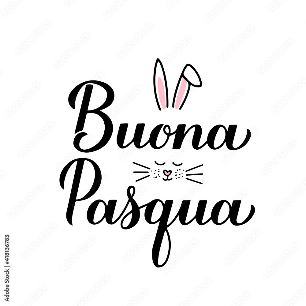 Happy Easter calligraphy hand lettering in Italian language with cute bunny face. Easter celebration typography poster. Vector template for party invitation, greeting card, banner, sticker, etc.
